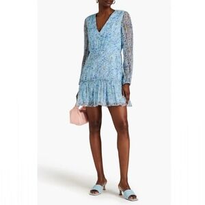 NWT Saloni Devon Mini Dress Blue Floral Silk Long Sleeve Size 6 Chic Pretty Cute
